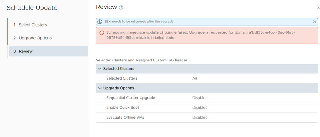 VMware Cloud Foundation (VCF) domain failed state