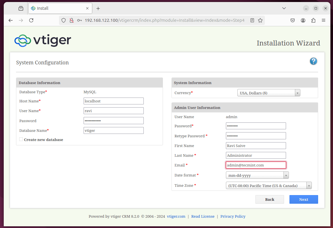 Vtiger CRM Database Settings