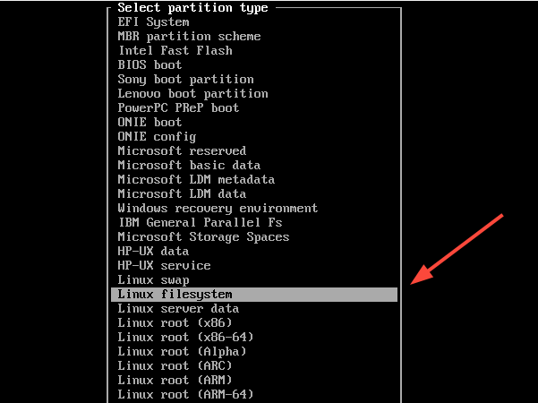 Choose Linux Filesystem Option