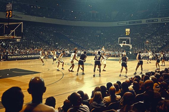 Photo of an NBA game in a huge arena.