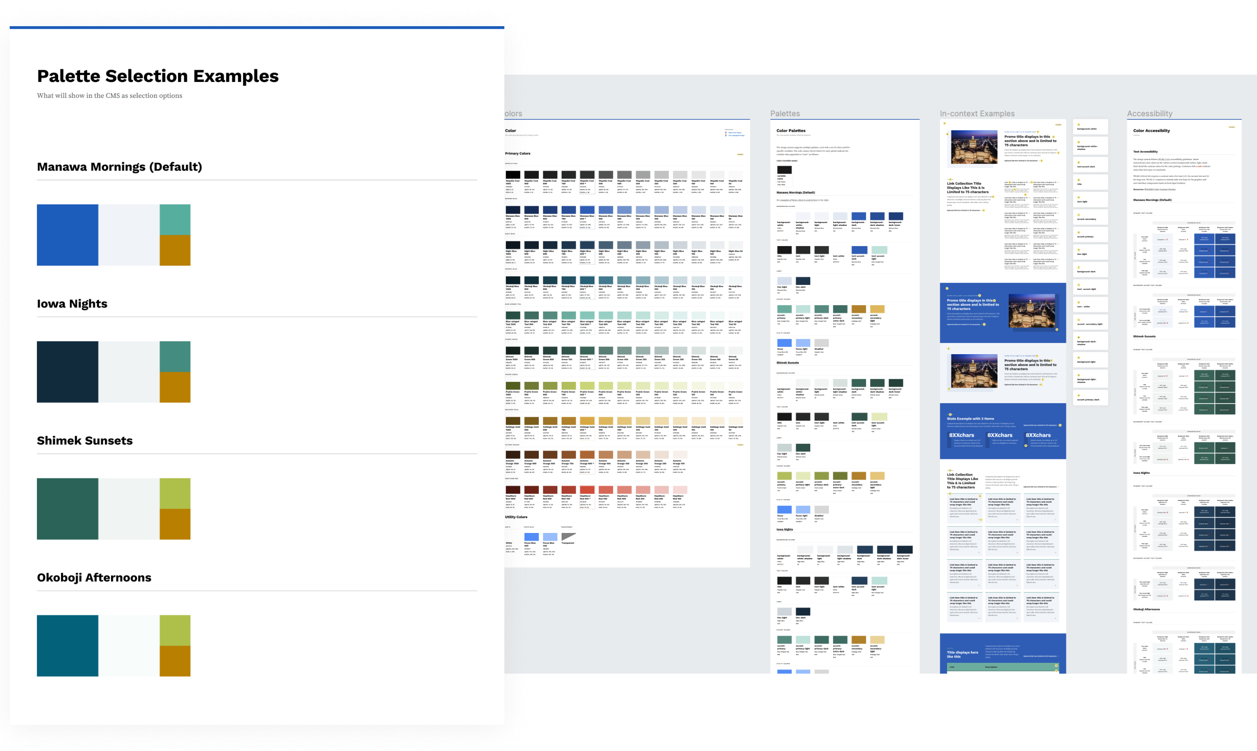 Examples of different color palettes derived from Iowa's brand.