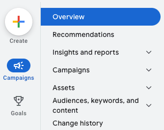 Screenshot of new Google Ads admin menu