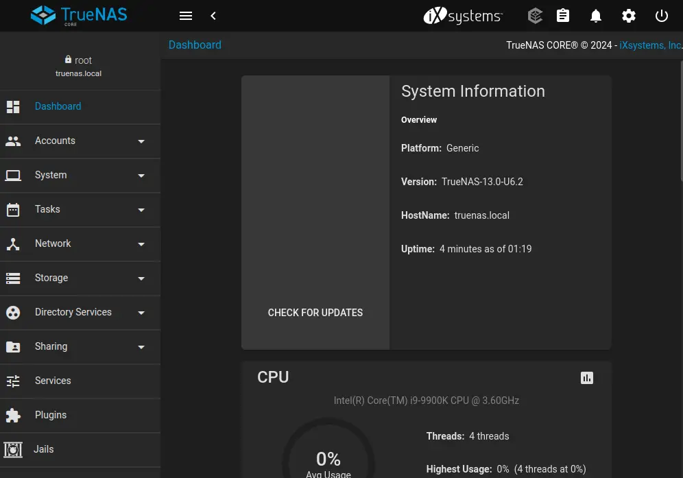 TrueNAS Dashboard