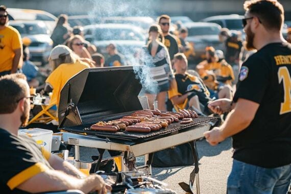 Photo of a man grilling at a tailgate event.