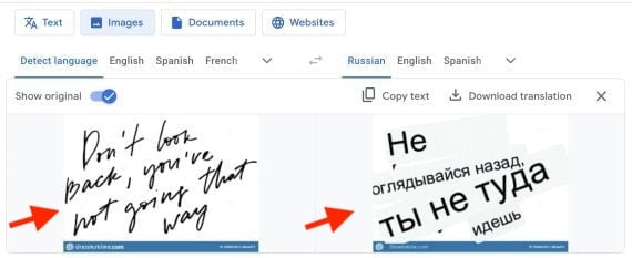 Screenshot from Google Translate of handwritten translated text on an image