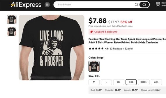 Product page on AliExpress for the "Live Long & Prosper" t-shirt