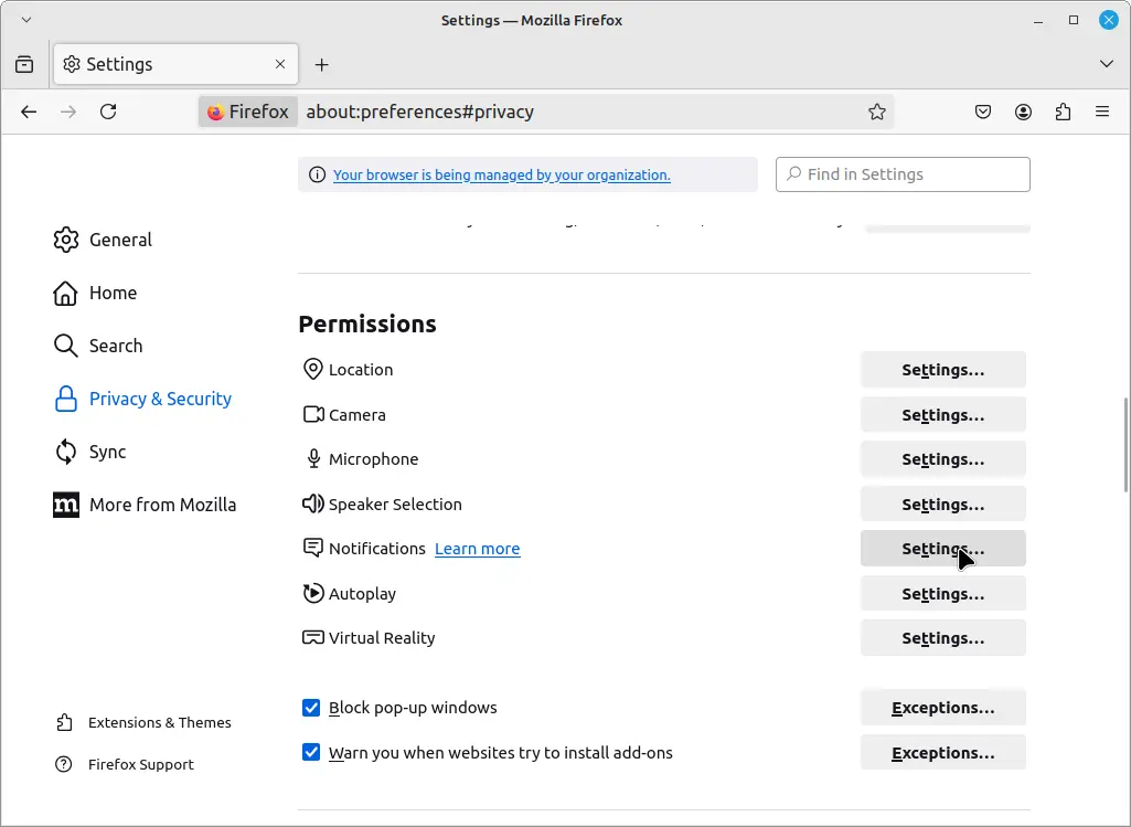 Firefox Site Settings