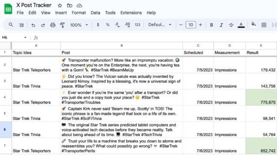 Screenshot of a spreadsheet showoing Star Trek related X posts and thier performance.