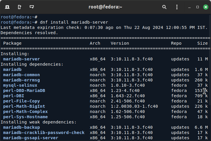 Install MariaDB in Fedora