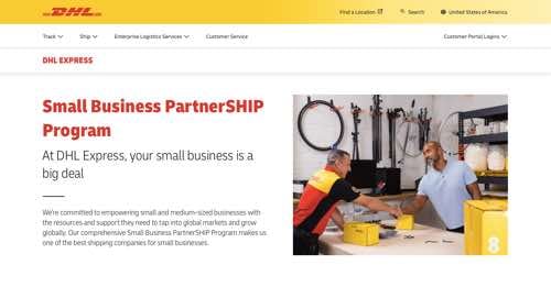 Web page for DHL Small Business PartnerSHIP Program