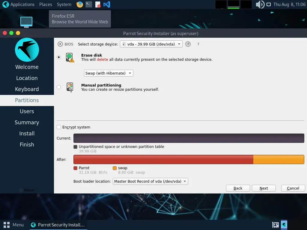 ParrotOS Erase Disk