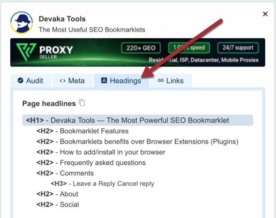 Screenshot of Devaka Tools SEO bookmarklet.