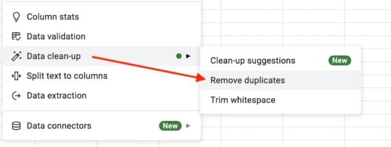 Screenshot of Google Sheet menu to remove duplicates