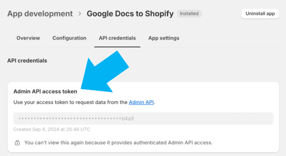 Screenshot of App Script's "Admin API access token" interface