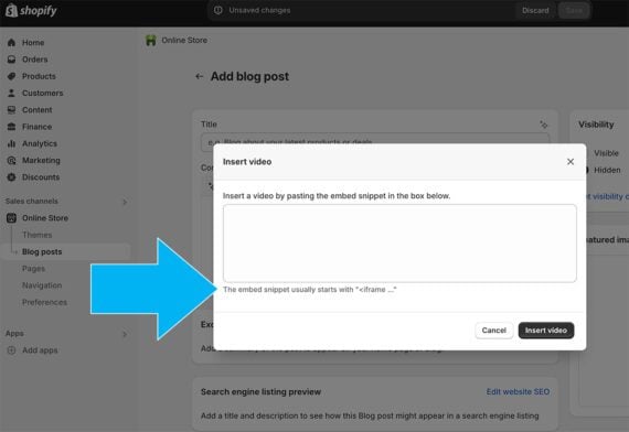 Screenshot of the Shopify's "Insert video" interface