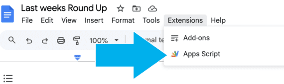 Screenshot of Apps Script menu item in Google Docs