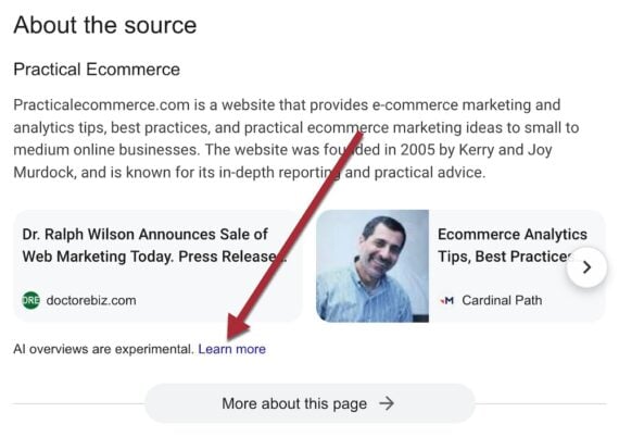 Screenshot of "About the source" for Practicalecommerce.com