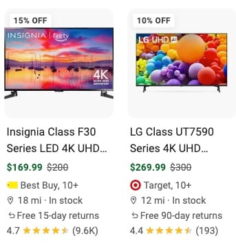 Screenshot of the two Google Shopping ads