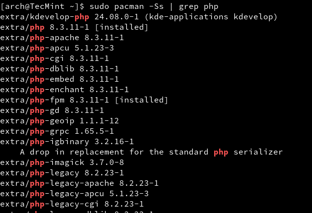 List PHP in Arch Linux
