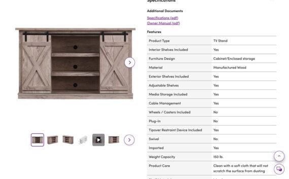 Sample product page on Wayfair with a table