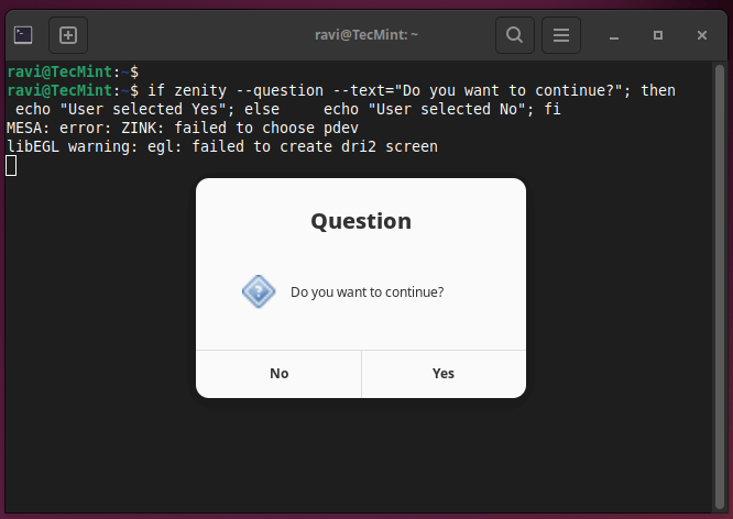 Zenity Show Question Dialog