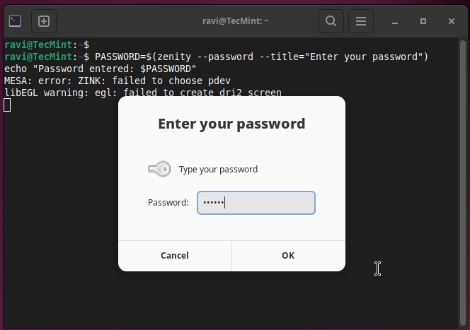 Zenity Show Password Dialog