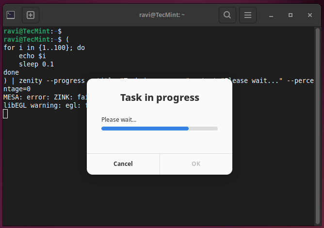 Zenity Show Progress Bar Dialog