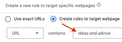 Screenshot of the Google Ads admin box for targeting "ideas-and-advice"