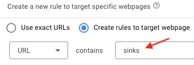 Screenshot of the Google Ads admin box for targeting "sinks"