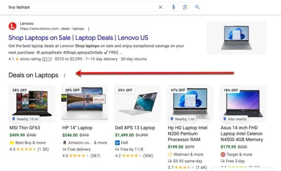 Screenshot of search results for "buy laptops."