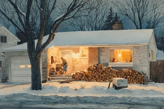 AI-produced image of a residential house in the snow. AI-produced image of a residential house in the snow.