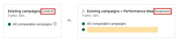 Screenshot of the Google Ads interface showing a control and treatment Uplift test