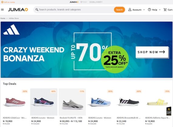 Screenshot of a Jumia web page featuring Adidas products.