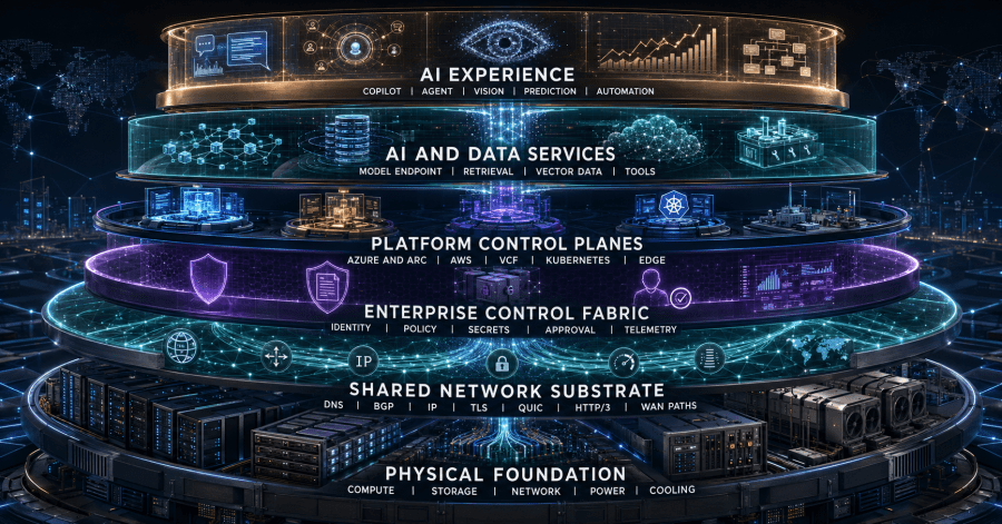 Diagram showing the dependency chain an enterprise AI request commonly inherits.