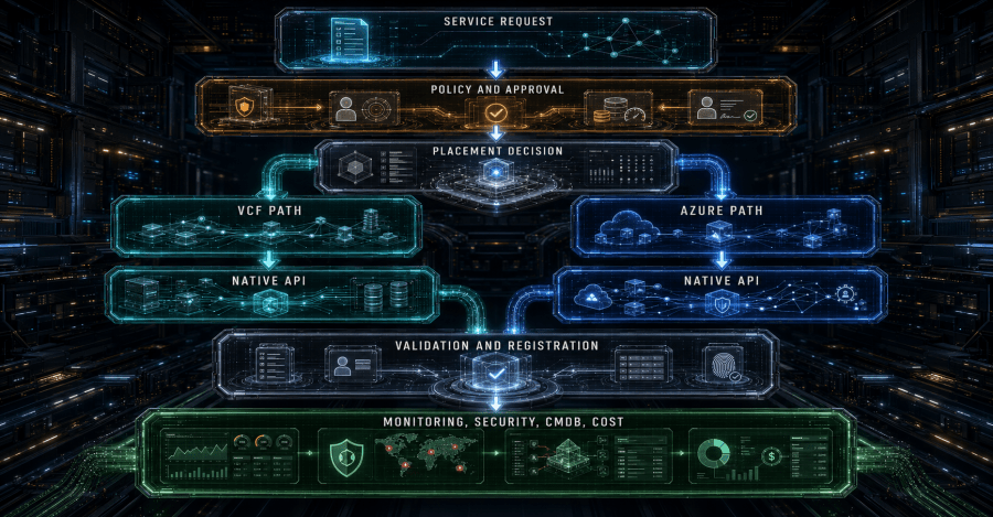 Enterprise orchestration gathers approvals and placement decisions, then invokes platform-native automation with scoped credentials, idempotency, evidence, and compensating actions.