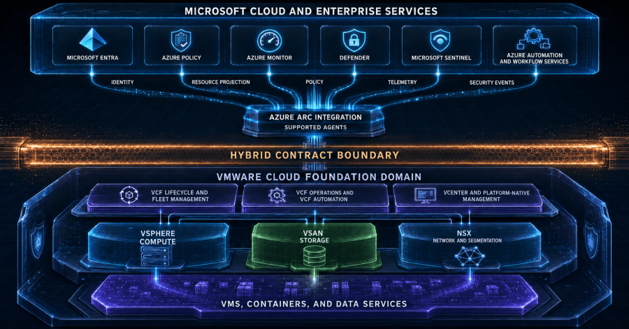 Microsoft cross-estate identity, governance, monitoring, and security services connect through defined contracts to the VMware Cloud Foundation execution and lifecycle domain.