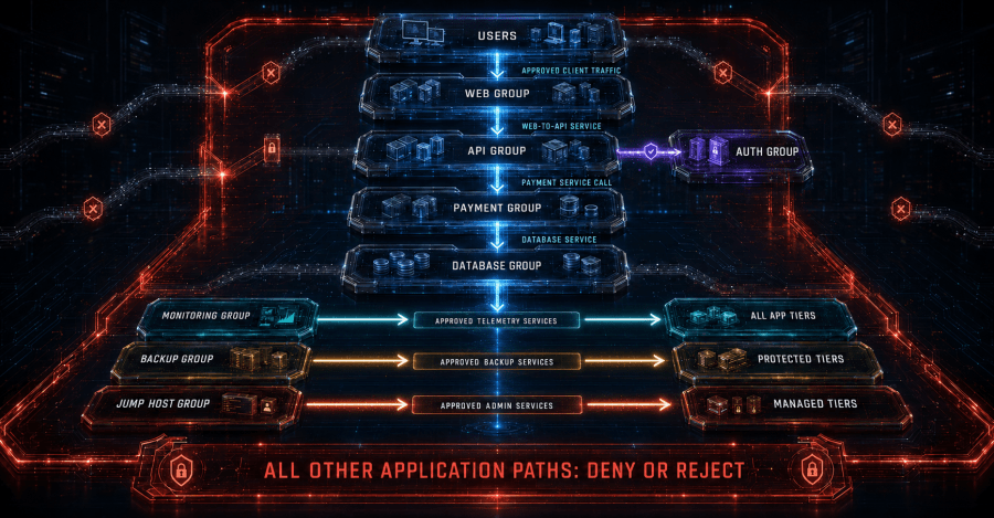 Application dependency model expresses only owner-approved communication paths among application tiers and supporting services.