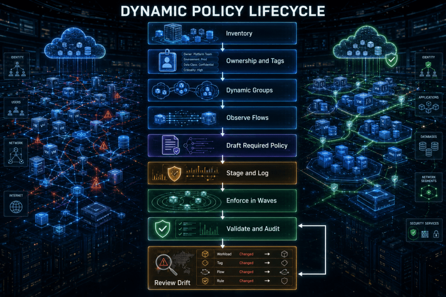 Microsegmentation lifecycle moves from inventory and observation through approved enforcement, validation, review, exception handling, and controlled emergency override.