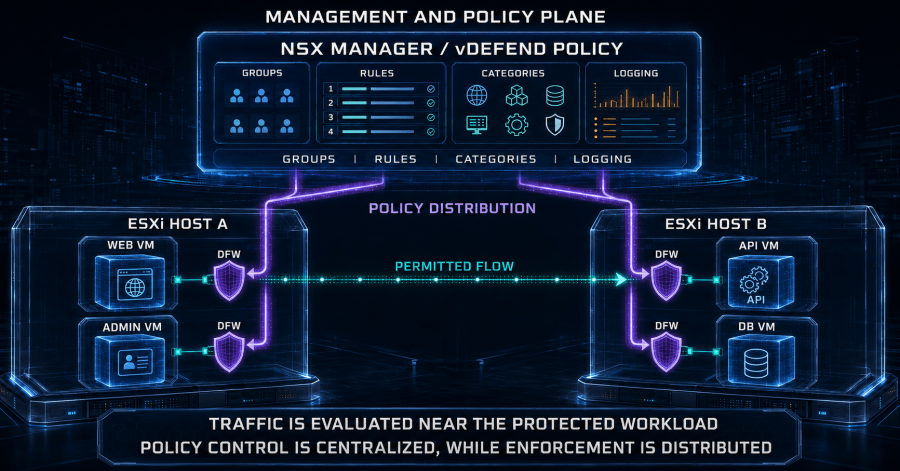 NSX policy is defined centrally and enforced across the distributed data path close to protected workloads.