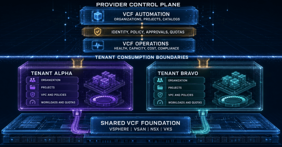 Shared provider-owned VCF services support isolated tenant habitats with separate identity, projects, quotas, catalogs, networking, policy, observability, and lifecycle controls.