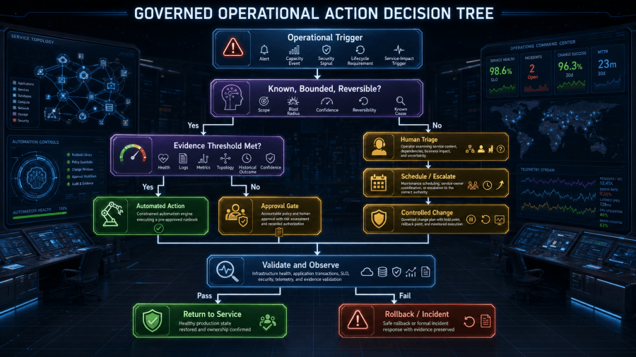 Day-2 actions are routed into green, controlled, or high-risk lanes according to reversibility, blast radius, approval needs, validation, and rollback evidence.