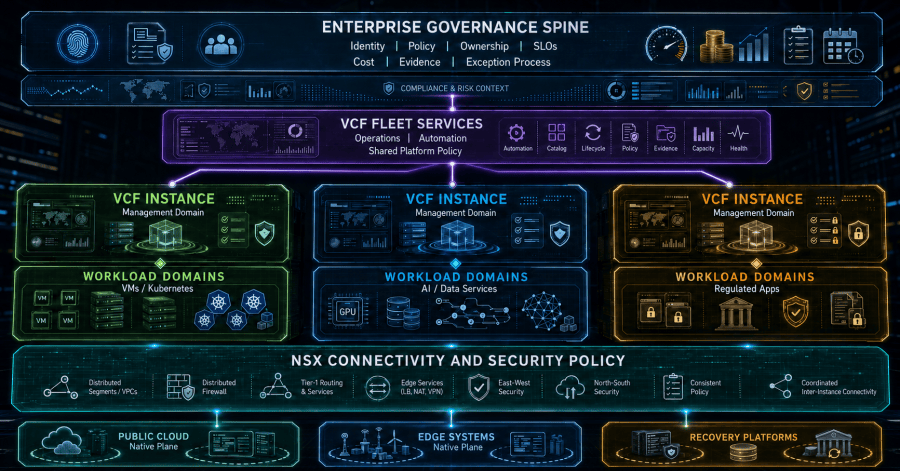 VCF operates private-cloud fleet and instance services while enterprise governance connects public cloud, edge, and recovery through one intent spine and multiple enforcement planes.