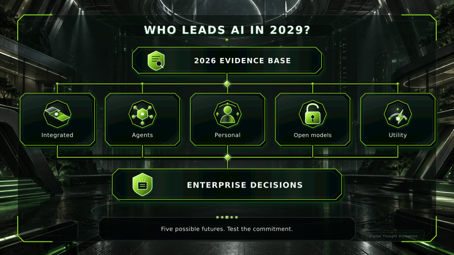 Five possible AI futures, integrated platforms, agents, personal AI, open models, and utility services, connect a 2026 evidence base to enterprise decisions for 2029.