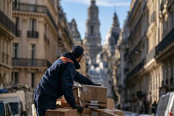 Photo of a delivery driver with parcels in a European city.