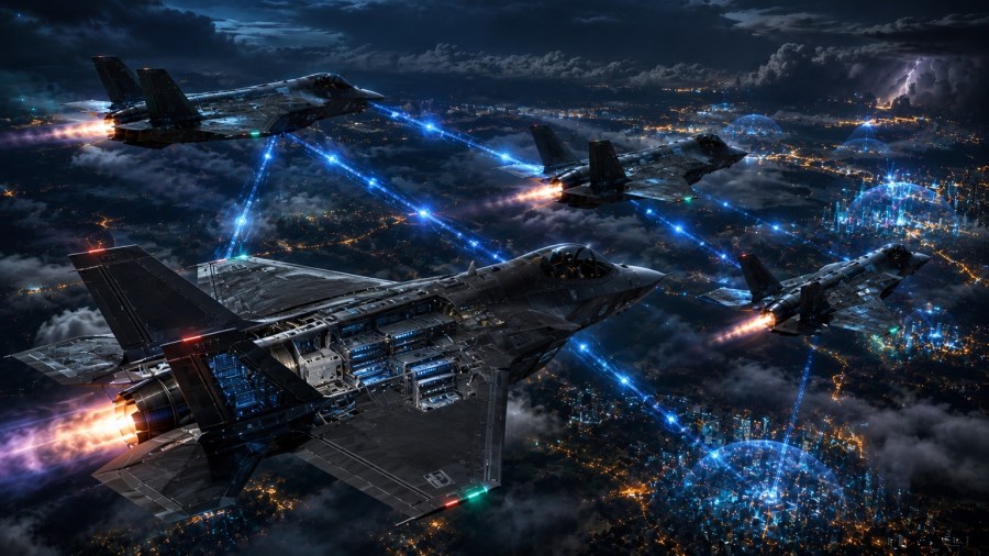 A squadron of connected aircraft retains separate vehicles and flight paths, illustrating VCF fleet coordination while preserving local operating boundaries.