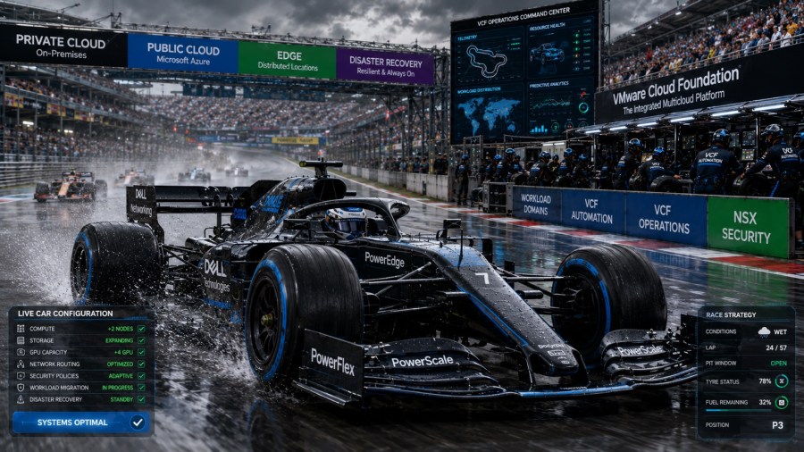 A Formula One car, pit crew, and platform telemetry illustrate workload domains supported by infrastructure, automation, operations, security, and controlled lifecycle changes.