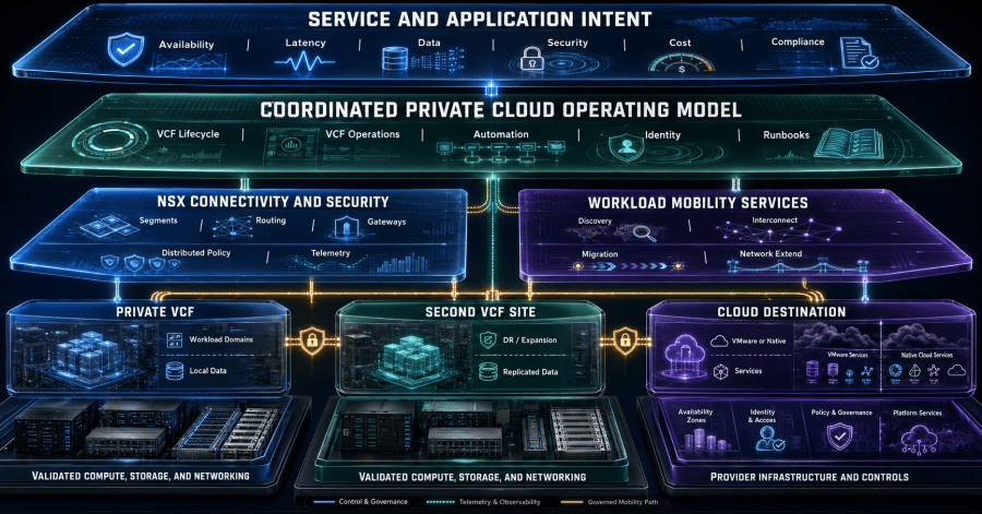Consumers enter through governed services while VCF automation, operations, NSX security, lifecycle, infrastructure, recovery, and execution lanes reinforce one another.